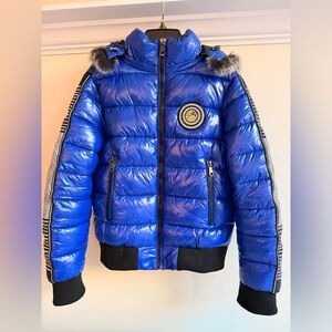 Switch  Remarkable Women's Shiny Blue Bomber Jacket with Fur Trim